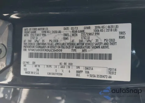 2013 Ford Escape Se из США, поврежденный, VIN 1FMCU0GXXDUC84509